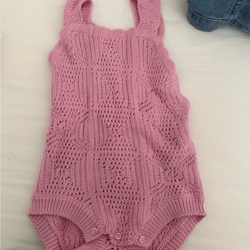 Jessica Simpson Pink Knit Crochet-Style Baby One-Piece 6-9 months